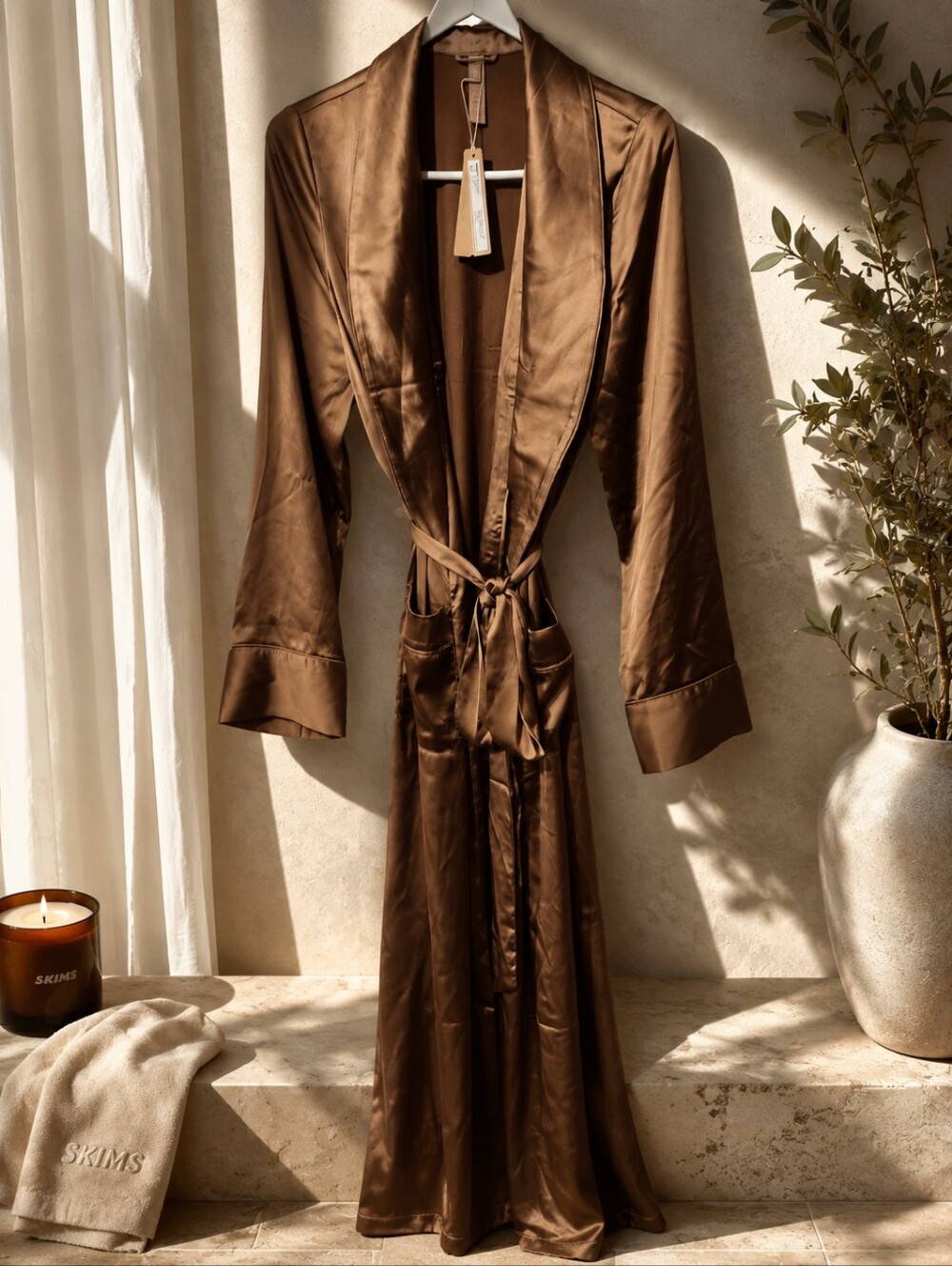 SKIMS NWT WOVEN SHINE SLEEP LONG ROBE Size SMALL SIENNA color